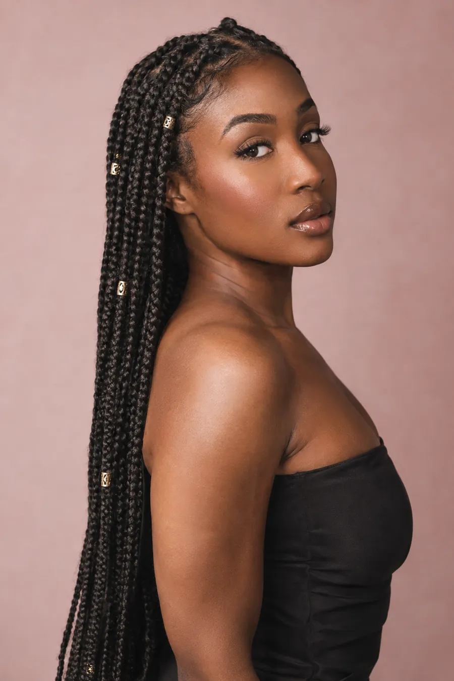 Woman with long waist-length box braids accented with gold cuffs