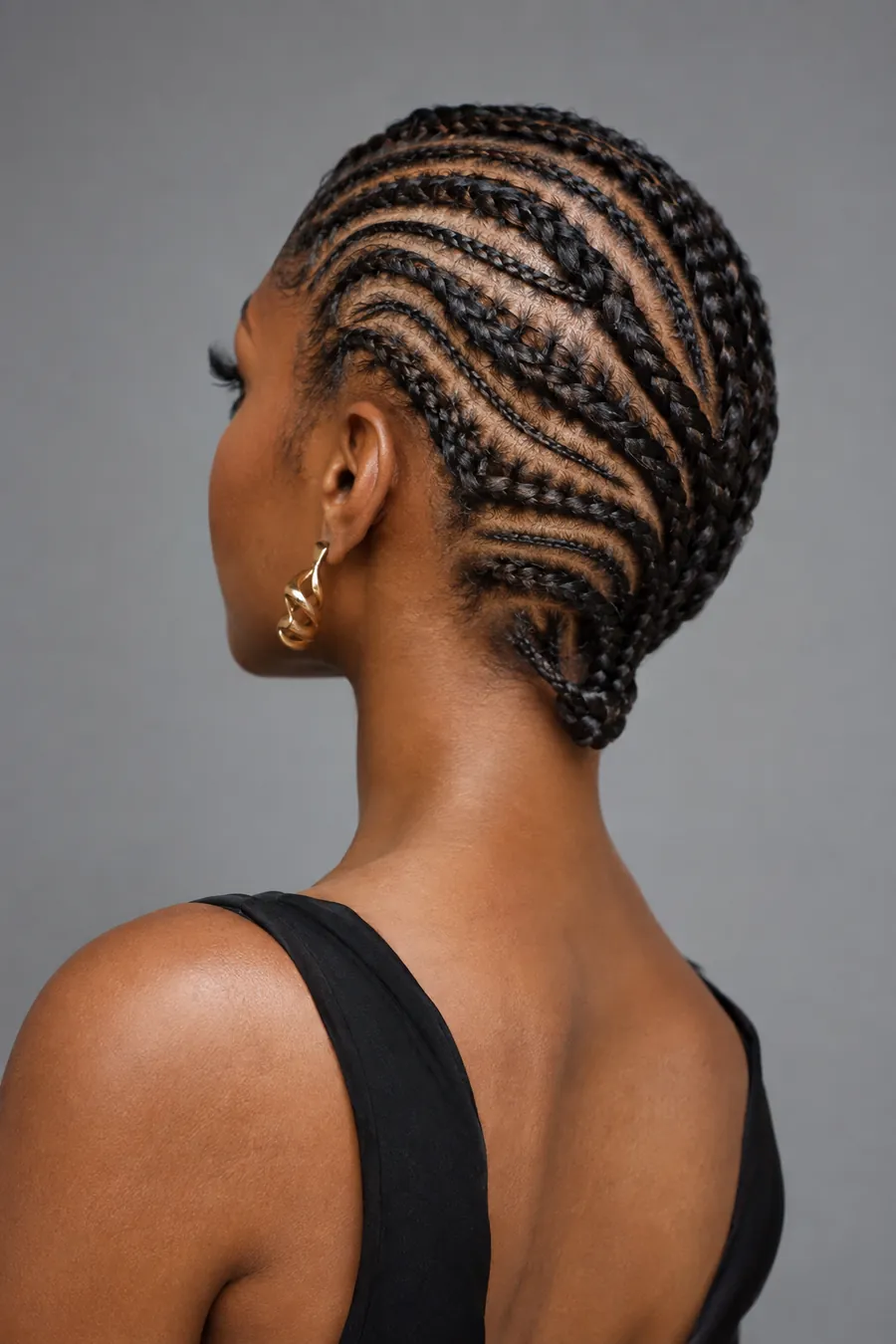 Back view of intricate curved stitch cornrows