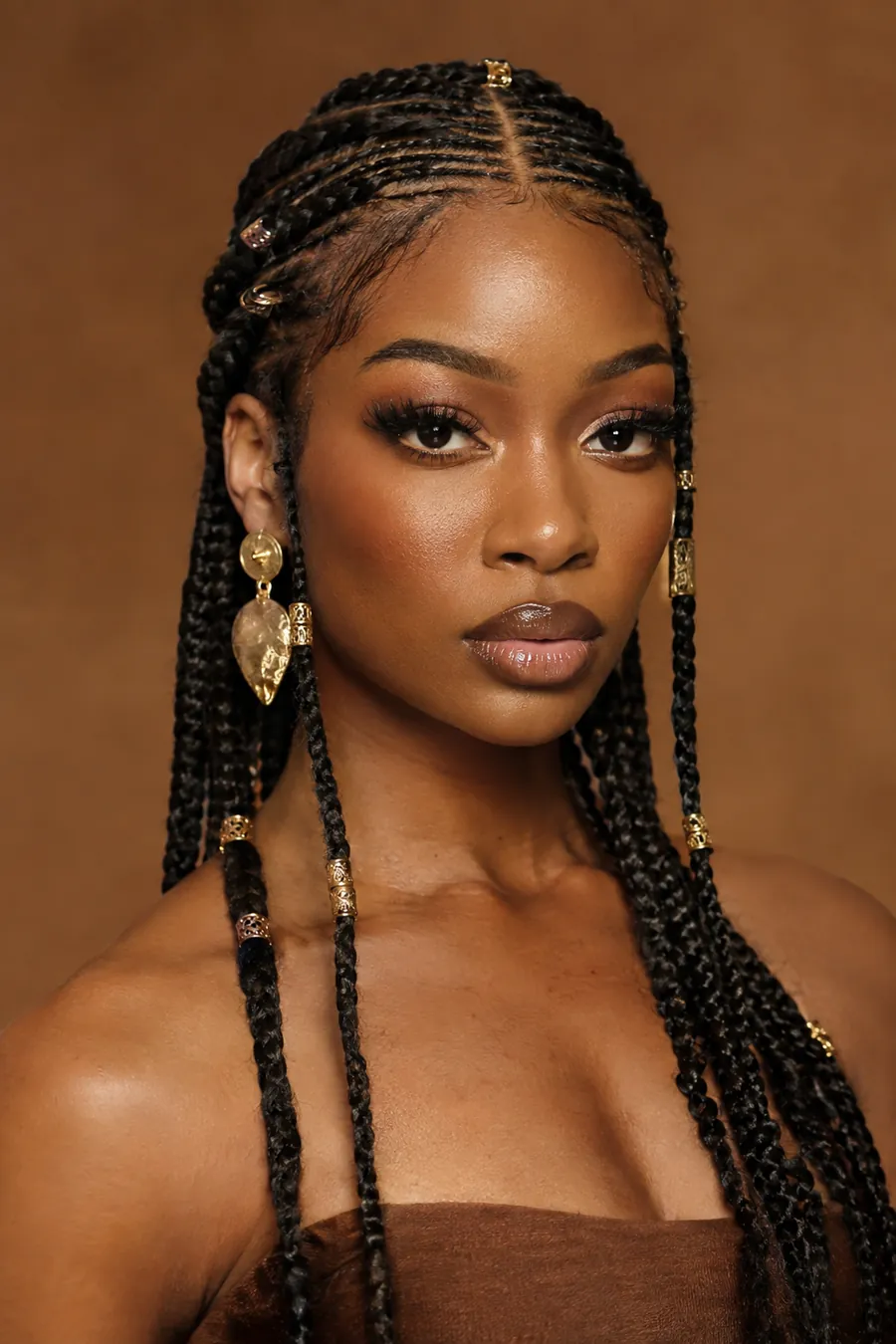 Woman with Fulani braids decorated with gold beads and cuffs