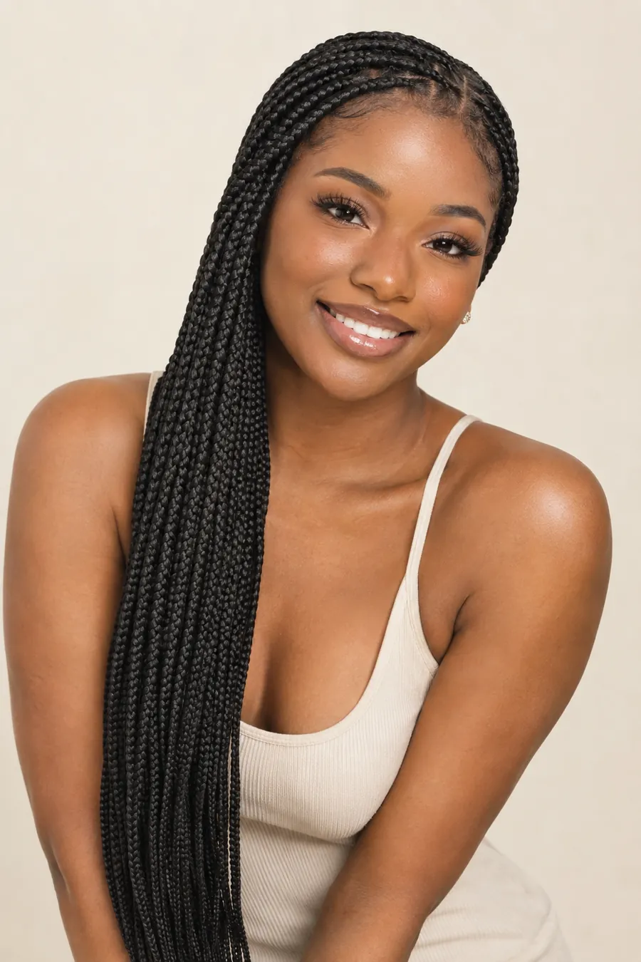 Smiling woman with long smooth knotless braids draped over one shoulder