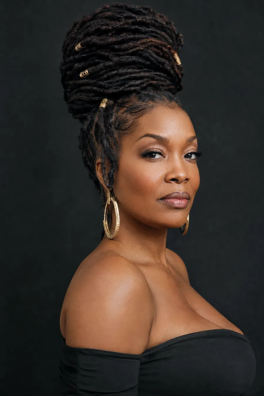 Woman with long locs styled in an elegant high crown updo