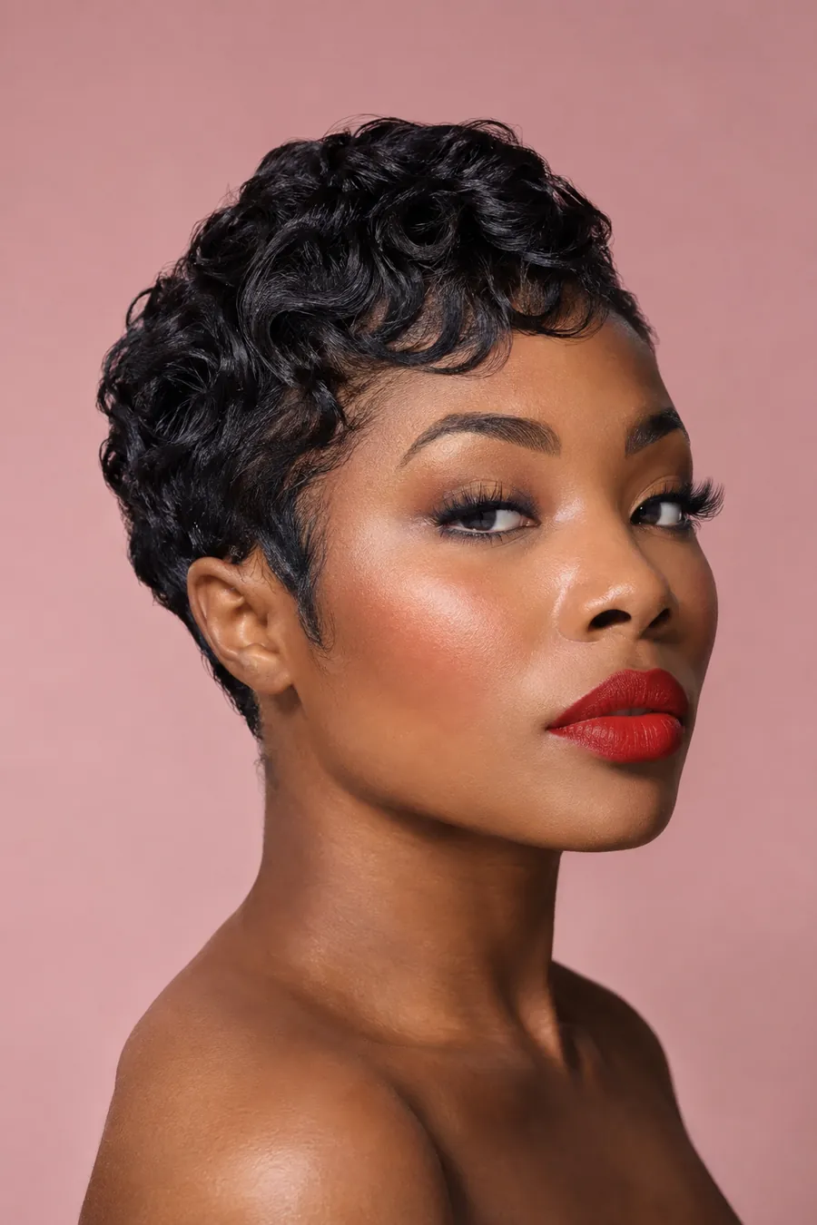 Woman with a short tapered pixie cut with sculpted waves and a red lip