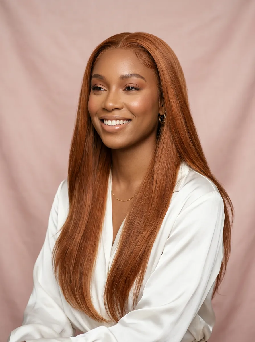 Woman wearing a long straight copper-auburn lace front wig