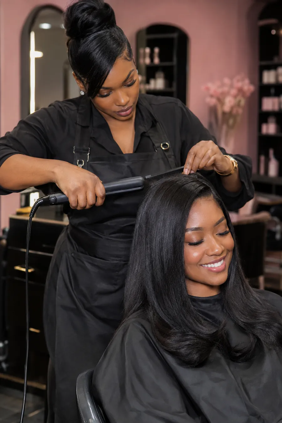 Stylist finishing a silk press on a smiling client in the salon chair